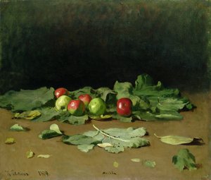 Stilleben med äpplen och blad, 1879